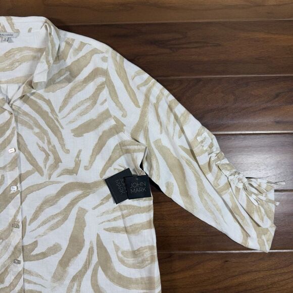 John Mark Women's Size 1X Zebra Print Button Up‎ Cinched Sleeve Shirt Top Linen - Picture 3 of 10
